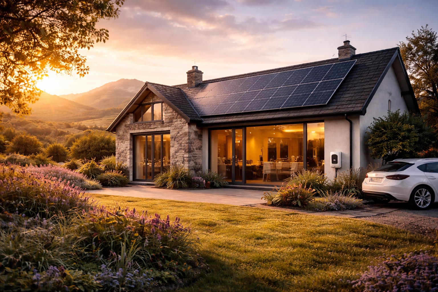 Modern Scottish home at golden hour with solar panel array on pitched roof, white electric car with EV charger, and Tesla Powerwall battery storage unit mounted on exterior wall