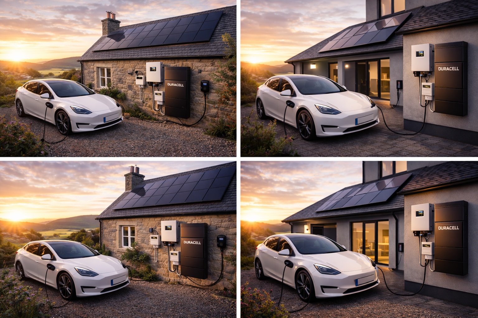 Two-storey Scottish home with modern solar panels, Duracell home battery storage system visible on exterior, white Tesla Model 3 plugged into EV charger during sunset over Scottish hills