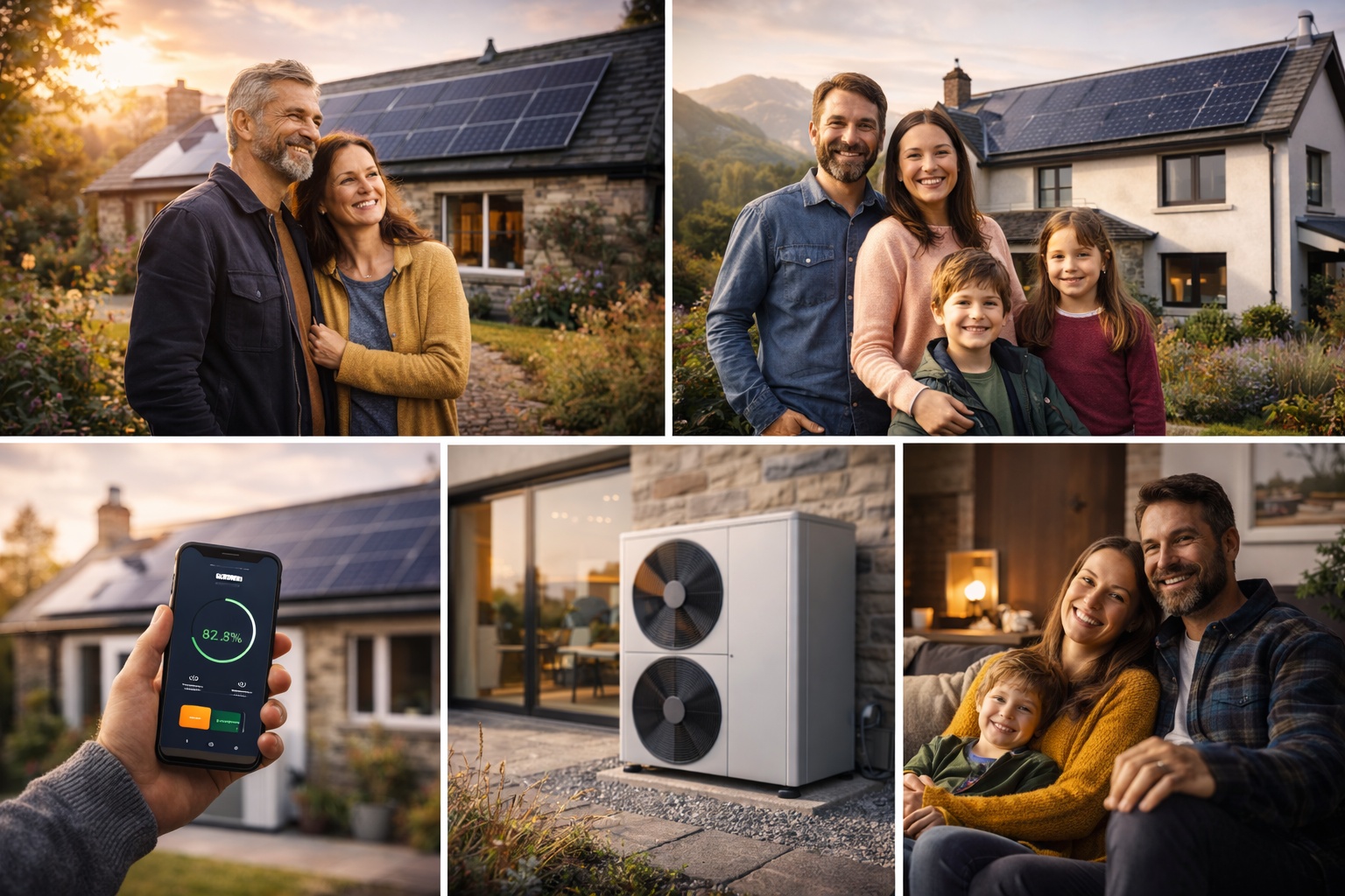 Happy Scottish family of four standing outside their renovated cottage with solar panels visible on roof, heat pump unit in garden, showcasing successful renewable energy adoption in Scotland